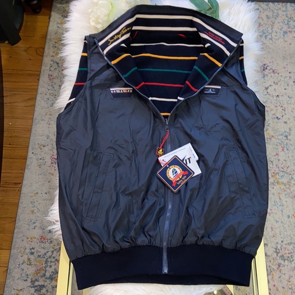 Green Coast Men Yachting Outfit Reversible Navy Blue/Colorful Stripped Vest XXL - Picture 1 of 17